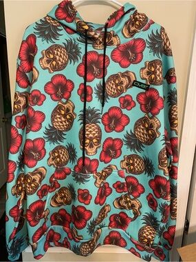 Men’s Teal Skull & Pineapple Hoodie with Red Hibiscus